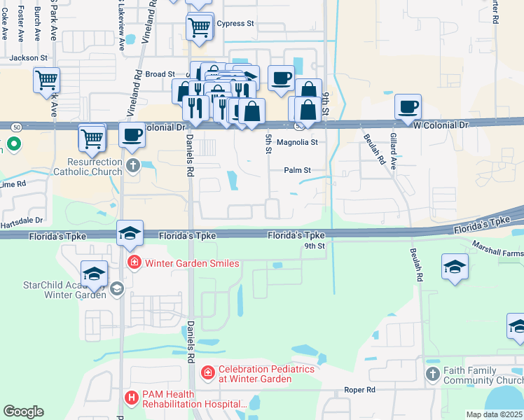 map of restaurants, bars, coffee shops, grocery stores, and more near 506 Dharma Circle in Winter Garden