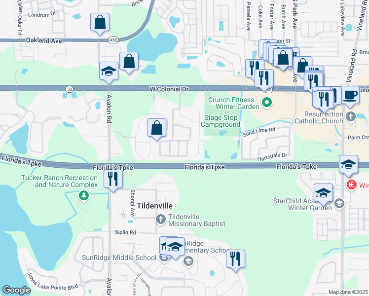 map of restaurants, bars, coffee shops, grocery stores, and more near 1330 Cardinal Lane in Winter Garden