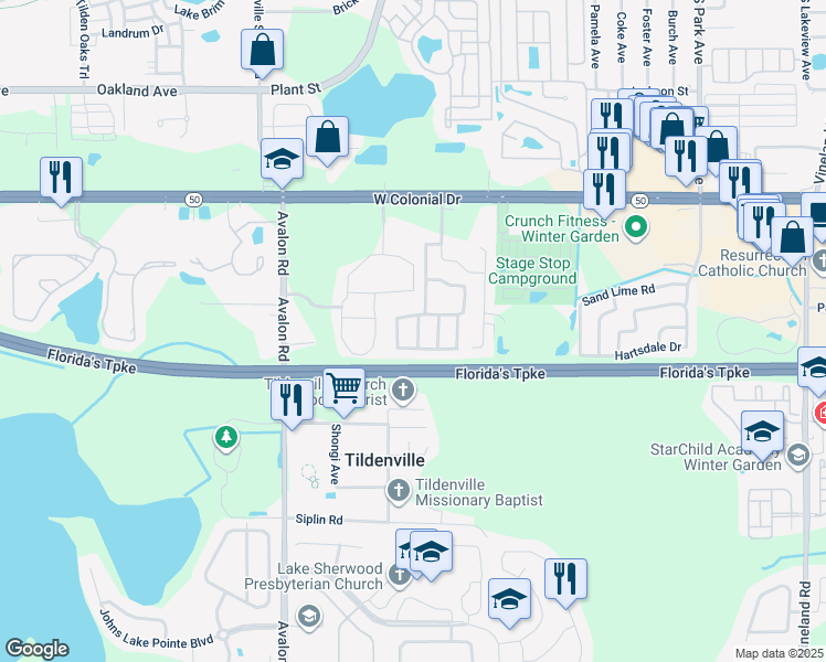 map of restaurants, bars, coffee shops, grocery stores, and more near 1328 Eagle Lane in Winter Garden