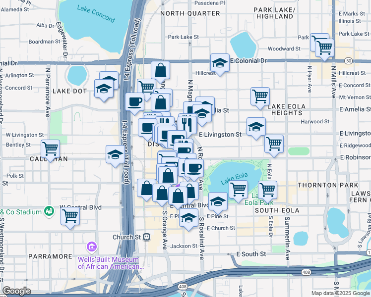 map of restaurants, bars, coffee shops, grocery stores, and more near 320 North Magnolia Avenue in Orlando