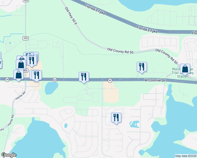 map of restaurants, bars, coffee shops, grocery stores, and more near 19217 Florida 50 in Clermont