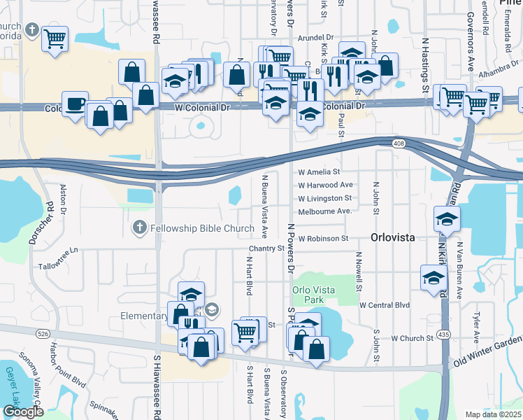 map of restaurants, bars, coffee shops, grocery stores, and more near 338 North Buena Vista Avenue in Orlando