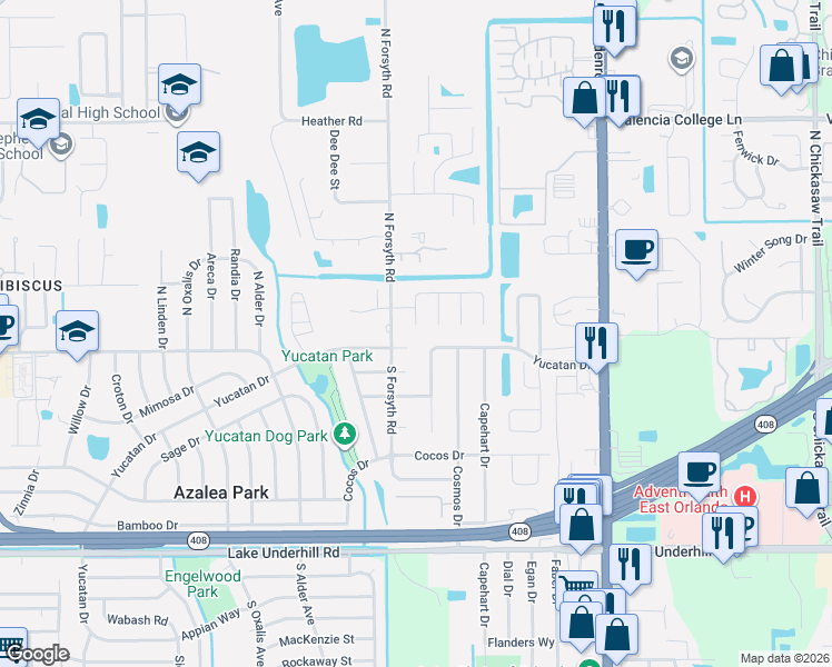 map of restaurants, bars, coffee shops, grocery stores, and more near 104 Flower Queen Court in Orlando