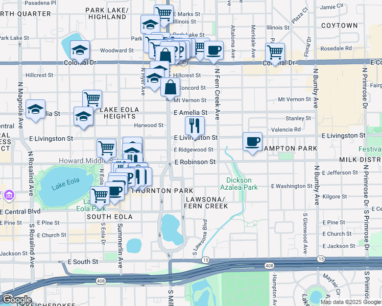 map of restaurants, bars, coffee shops, grocery stores, and more near 1232 East Ridgewood Street in Orlando
