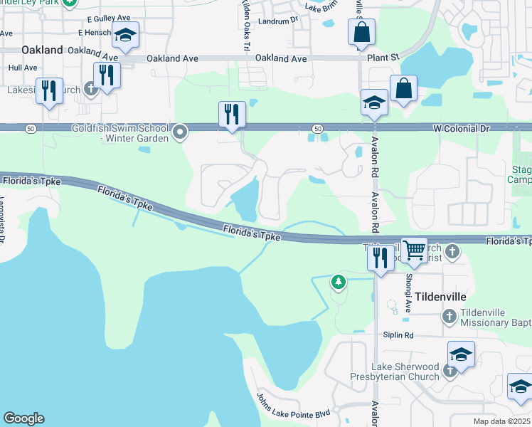 map of restaurants, bars, coffee shops, grocery stores, and more near 1369 Broken Oak Drive in Winter Garden