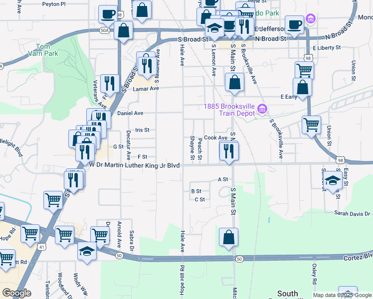 map of restaurants, bars, coffee shops, grocery stores, and more near 811 Hale Avenue in Brooksville