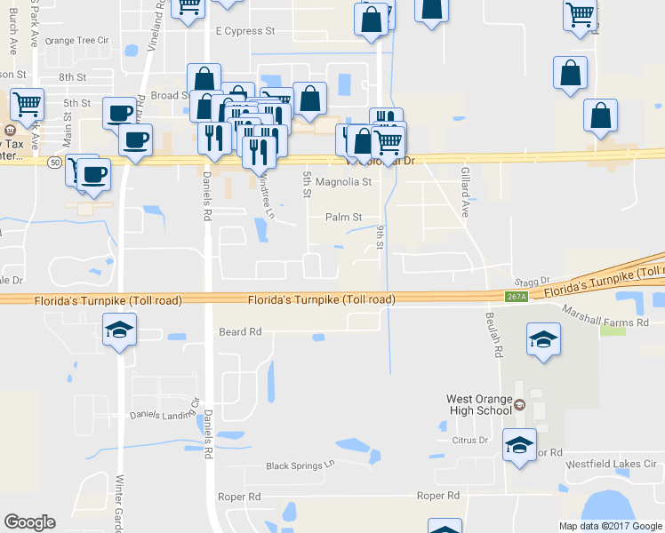 map of restaurants, bars, coffee shops, grocery stores, and more near 589 Karma Avenue in Winter Garden