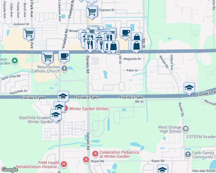 map of restaurants, bars, coffee shops, grocery stores, and more near 445 Daniels Pointe Drive in Winter Garden