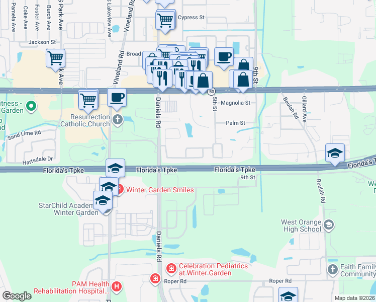 map of restaurants, bars, coffee shops, grocery stores, and more near 445 Daniels Pointe Drive in Winter Garden