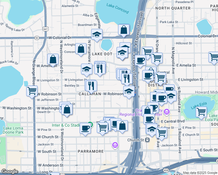 map of restaurants, bars, coffee shops, grocery stores, and more near 500 West Livingston Street in Orlando
