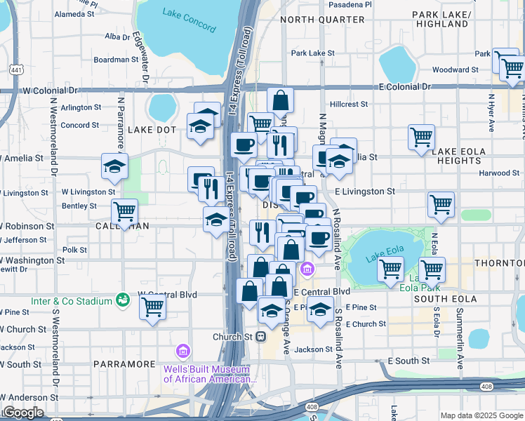 map of restaurants, bars, coffee shops, grocery stores, and more near 344 State Lane in Orlando