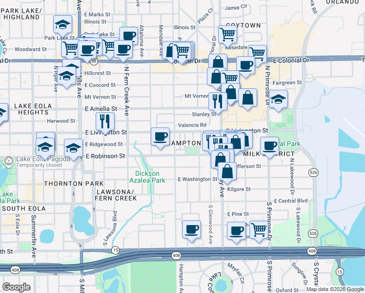 map of restaurants, bars, coffee shops, grocery stores, and more near 316 North Forest Avenue in Orlando