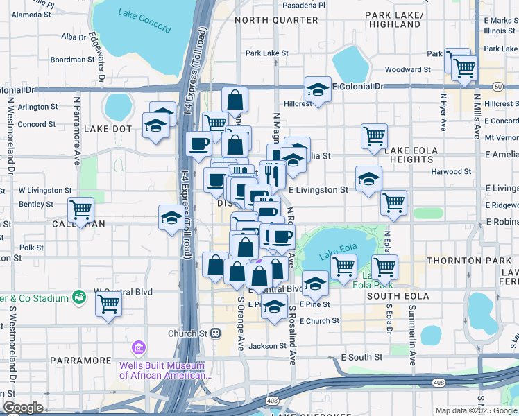 map of restaurants, bars, coffee shops, grocery stores, and more near 320 North Magnolia Avenue in Orlando