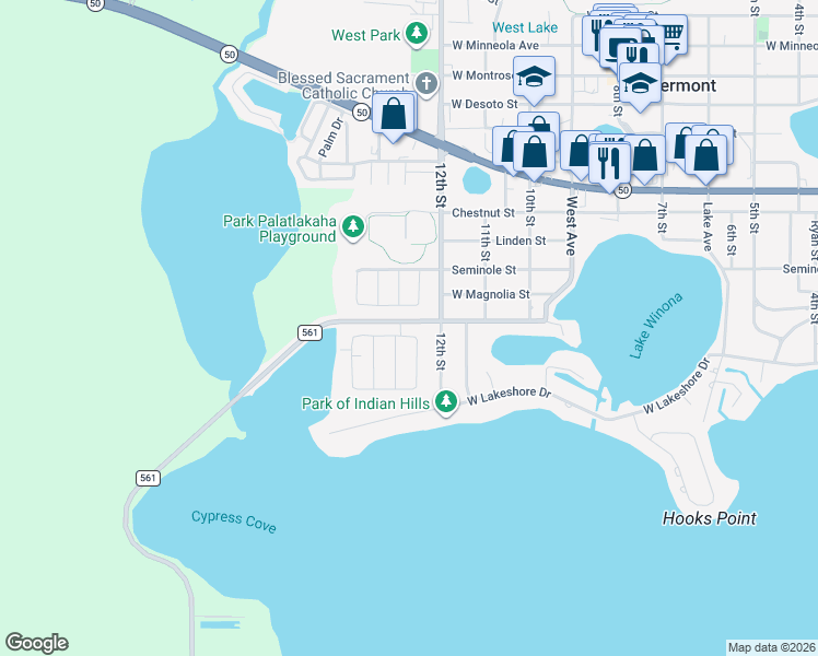 map of restaurants, bars, coffee shops, grocery stores, and more near 1202 Shorecrest Circle in Clermont