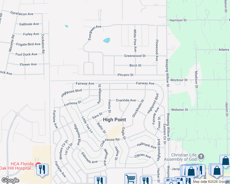 map of restaurants, bars, coffee shops, grocery stores, and more near 8436 Highpoint Blvd in Brooksville
