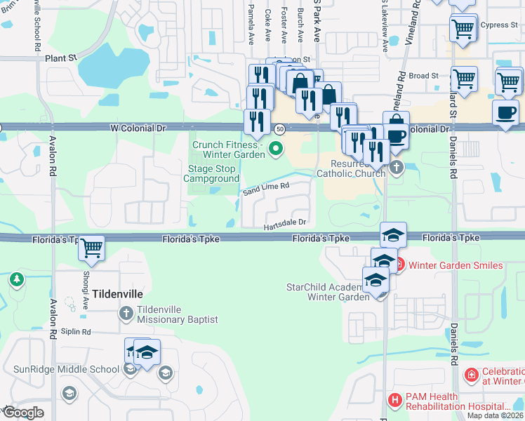 map of restaurants, bars, coffee shops, grocery stores, and more near 1317 Winter Green Way in Winter Garden