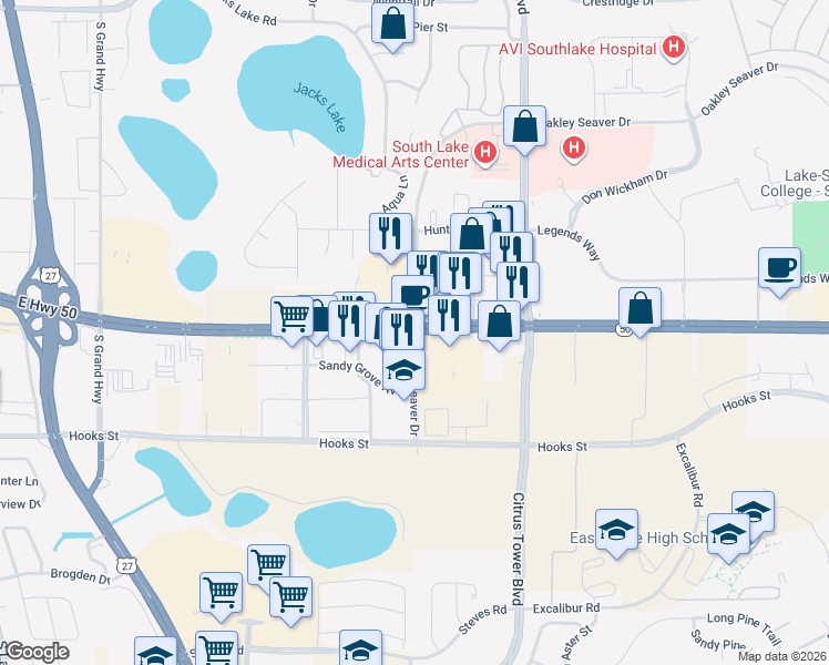 map of restaurants, bars, coffee shops, grocery stores, and more near 1500 Oakley Seaver Drive in Clermont