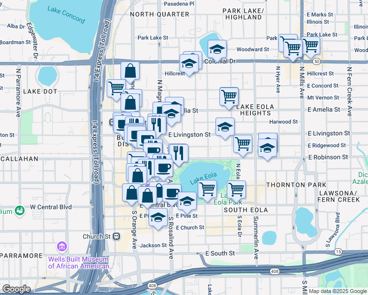 map of restaurants, bars, coffee shops, grocery stores, and more near 124 East Ridgewood Street in Orlando