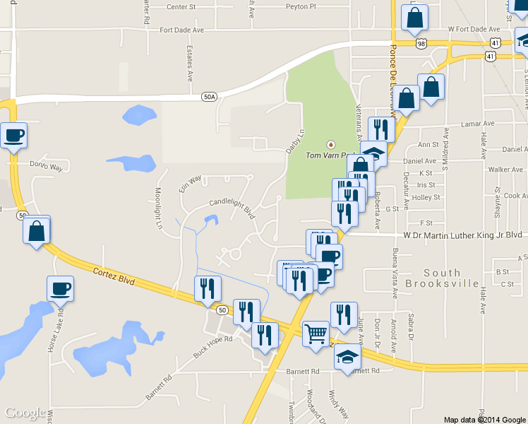 map of restaurants, bars, coffee shops, grocery stores, and more near 913 Candlebrook Lane in Brooksville