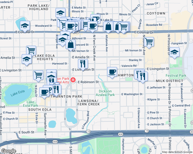 map of restaurants, bars, coffee shops, grocery stores, and more near 315 North Fern Creek Avenue in Orlando