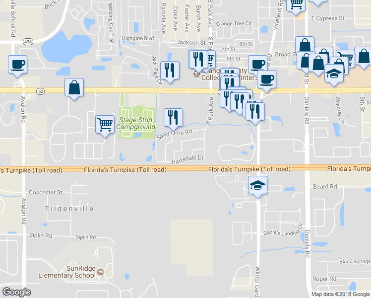 map of restaurants, bars, coffee shops, grocery stores, and more near 334 Windford Court in Winter Garden