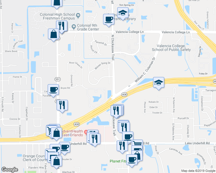 map of restaurants, bars, coffee shops, grocery stores, and more near 306 Blue Jacket Lane in Orlando