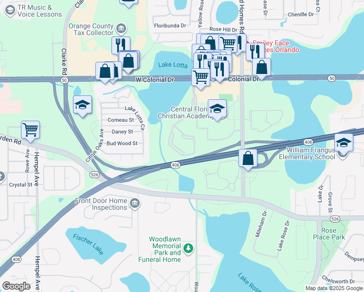 map of restaurants, bars, coffee shops, grocery stores, and more near 1024 Vizcaya Lakes Road in Ocoee