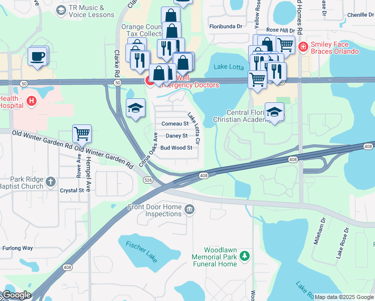 map of restaurants, bars, coffee shops, grocery stores, and more near 9320 Bud Wood Street in Gotha