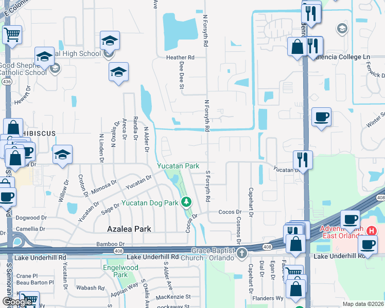 map of restaurants, bars, coffee shops, grocery stores, and more near 326 North Forsyth Road in Orlando