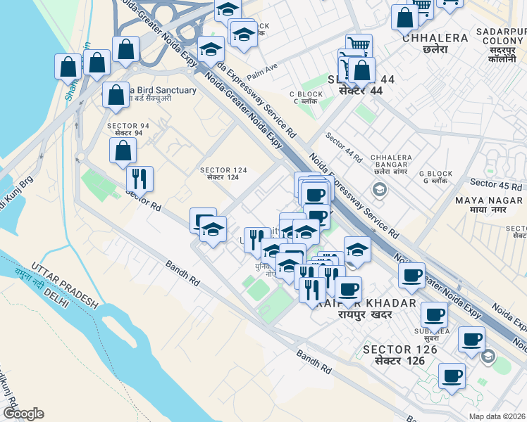 map of restaurants, bars, coffee shops, grocery stores, and more near in Noida