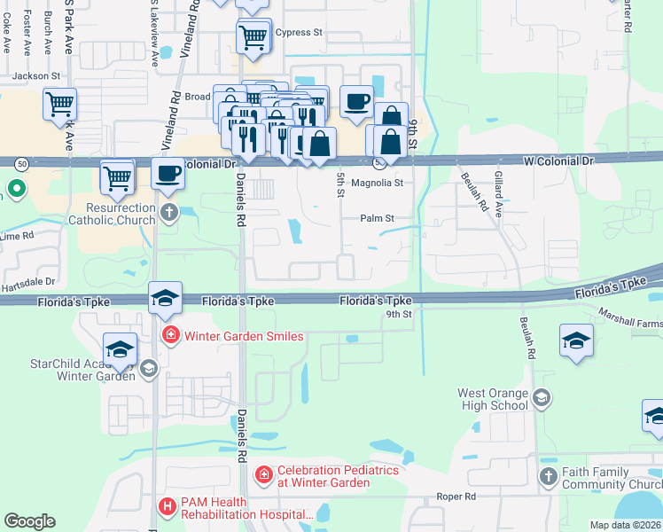 map of restaurants, bars, coffee shops, grocery stores, and more near 506 Dharma Circle in Winter Garden