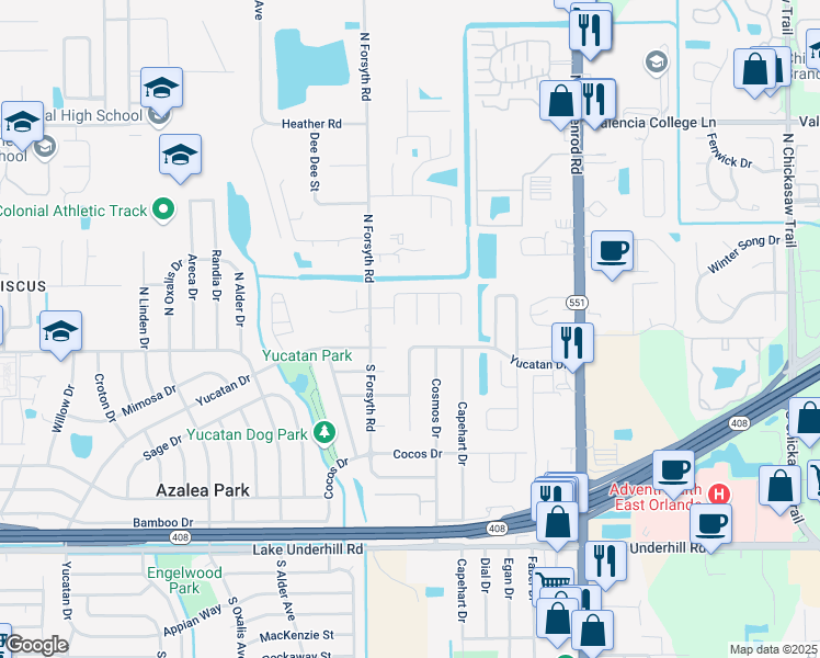 map of restaurants, bars, coffee shops, grocery stores, and more near 104 Flower Queen Court in Orlando