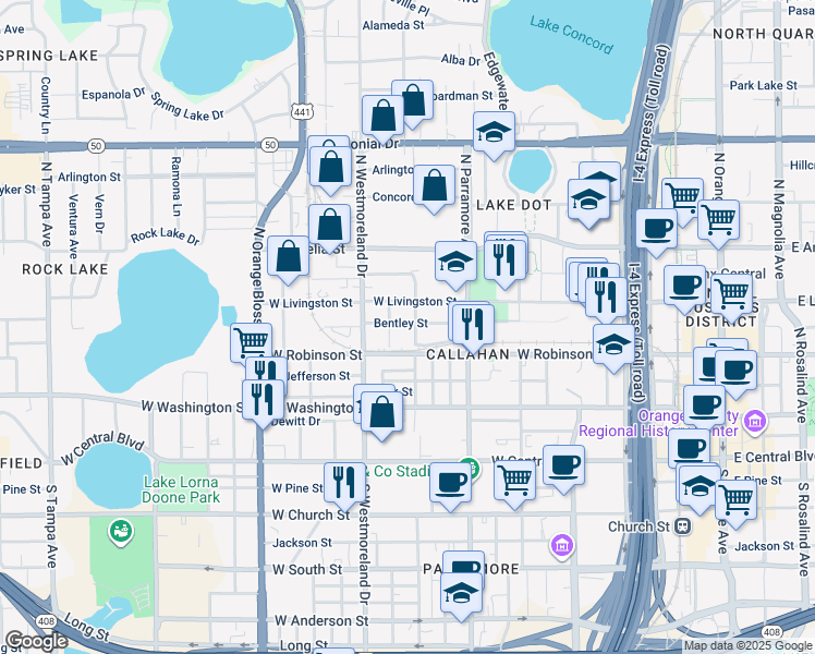 map of restaurants, bars, coffee shops, grocery stores, and more near 806 Bentley Street in Orlando