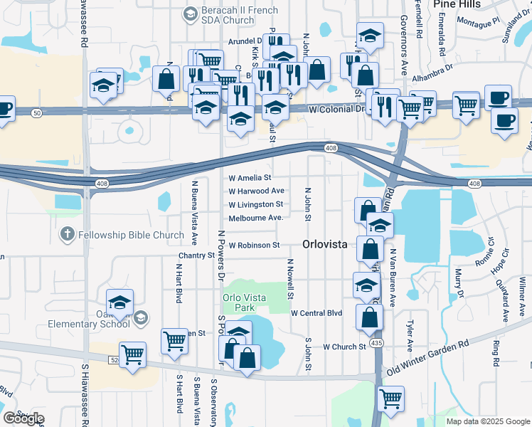 map of restaurants, bars, coffee shops, grocery stores, and more near 6039 Melbourne Avenue in Orlando