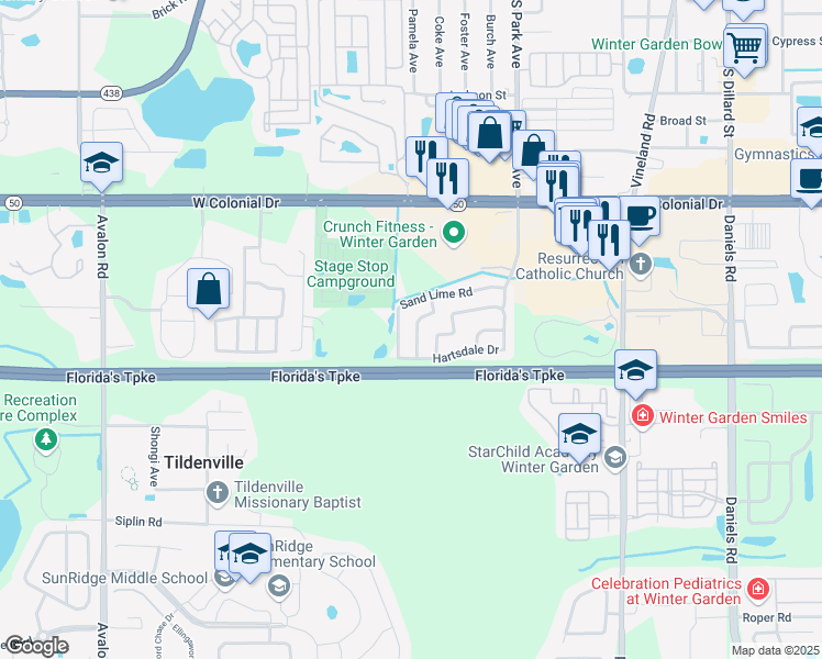 map of restaurants, bars, coffee shops, grocery stores, and more near 1306 Winter Green Way in Winter Garden