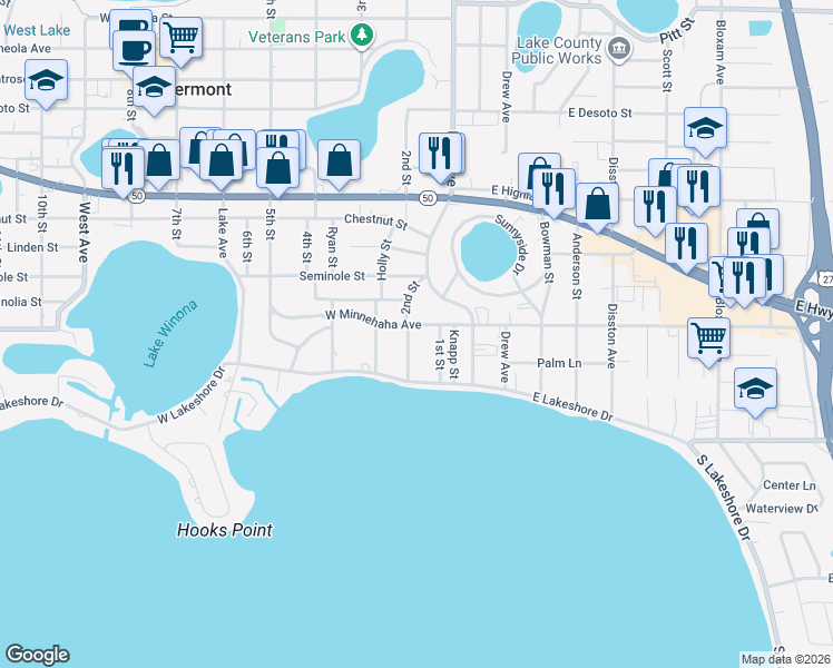 map of restaurants, bars, coffee shops, grocery stores, and more near 181 West Minnehaha Avenue in Clermont