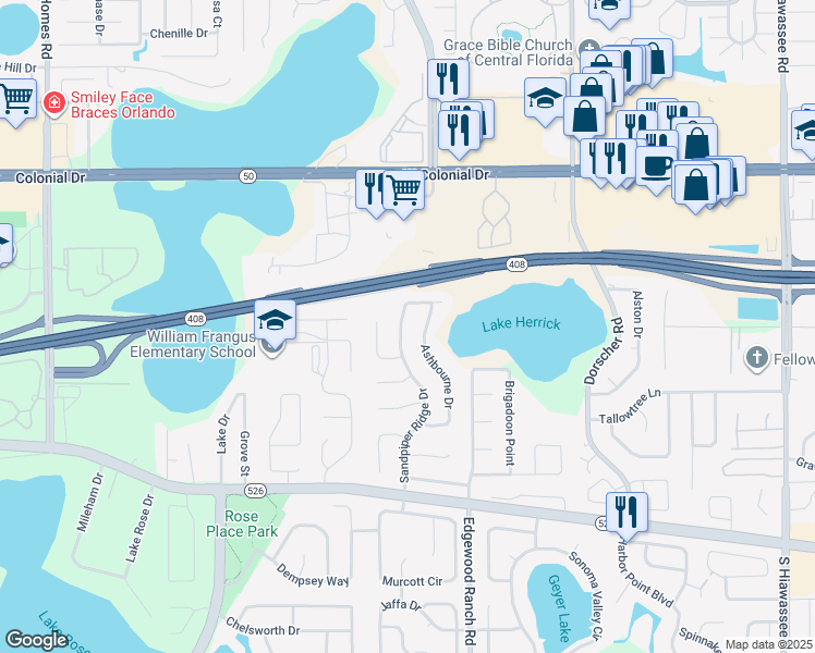 map of restaurants, bars, coffee shops, grocery stores, and more near 419 Sandpiper Ridge Drive in Orlando