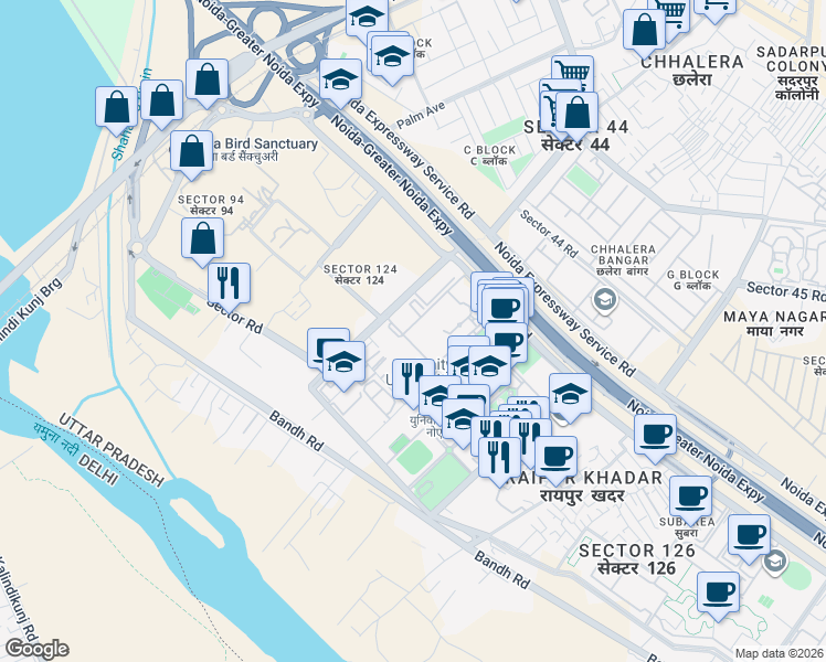 map of restaurants, bars, coffee shops, grocery stores, and more near in Noida