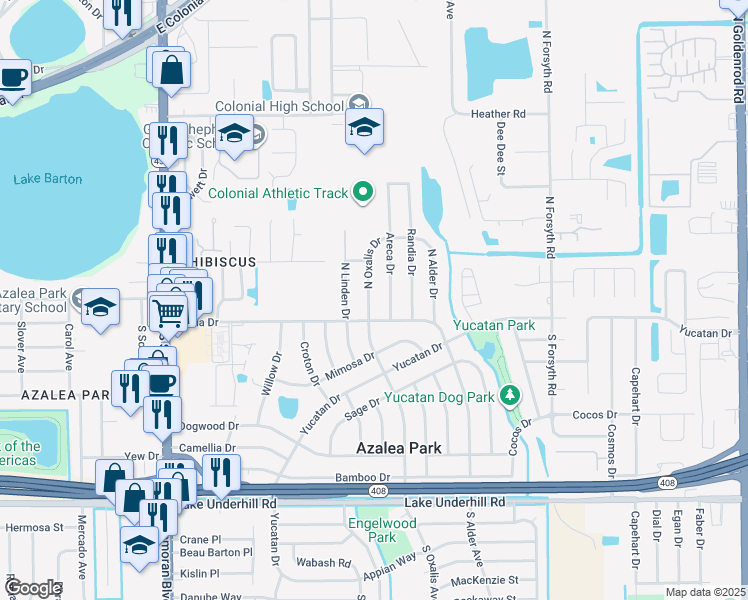 map of restaurants, bars, coffee shops, grocery stores, and more near 11 North Oxalis Drive in Orlando