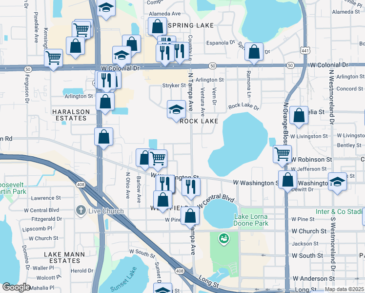 map of restaurants, bars, coffee shops, grocery stores, and more near 2016 West Livingston Street in Orlando