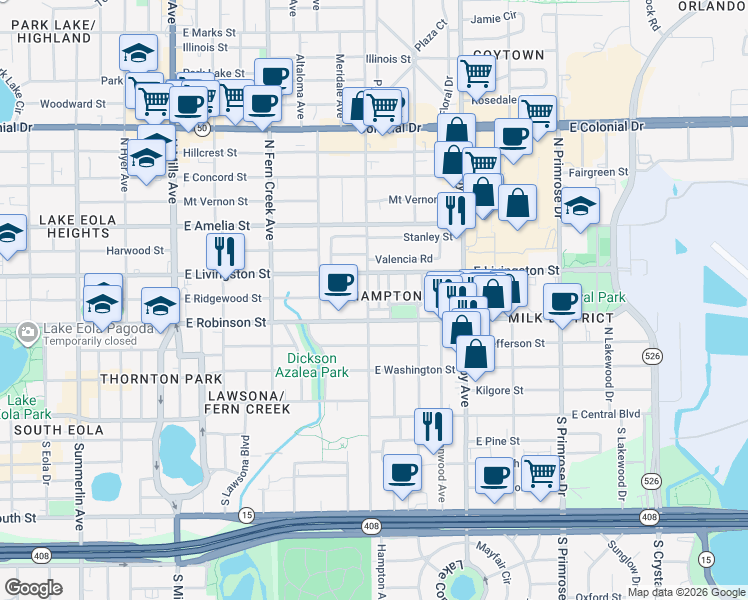 map of restaurants, bars, coffee shops, grocery stores, and more near 316 North Forest Avenue in Orlando