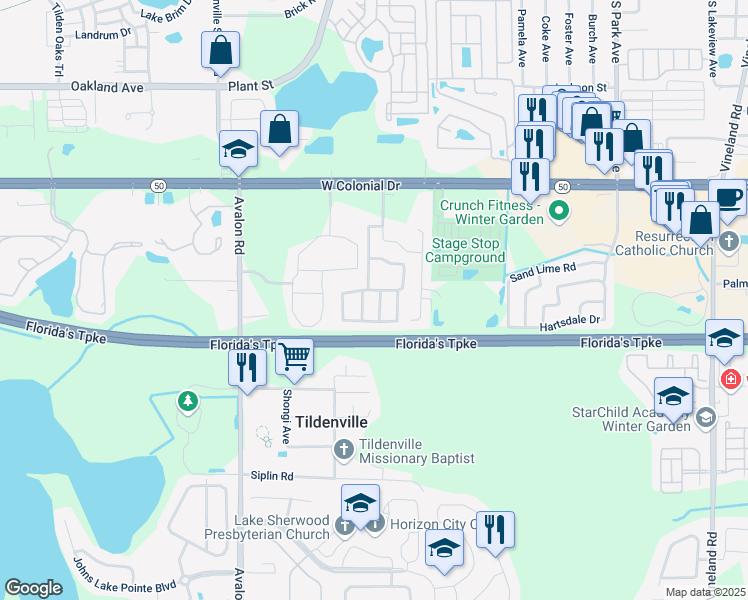 map of restaurants, bars, coffee shops, grocery stores, and more near 1330 Cardinal Lane in Winter Garden