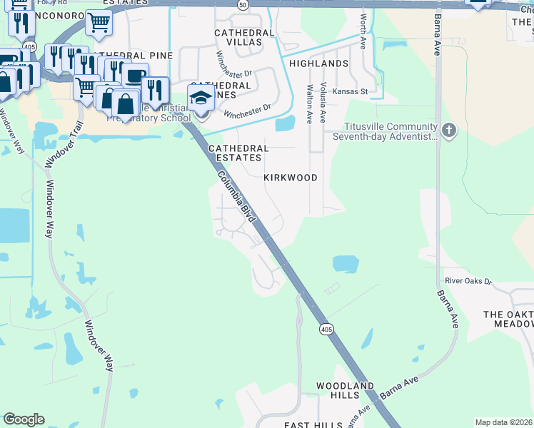 map of restaurants, bars, coffee shops, grocery stores, and more near 5140 Kirkwood Trail in Titusville