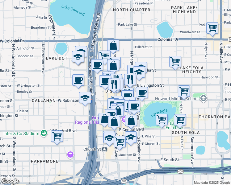 map of restaurants, bars, coffee shops, grocery stores, and more near 355 North Orange Avenue in Orlando