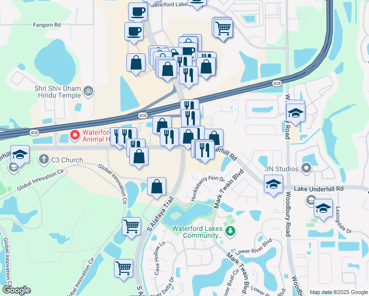 map of restaurants, bars, coffee shops, grocery stores, and more near 1 South Alafaya Trail in Orlando