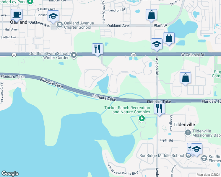 map of restaurants, bars, coffee shops, grocery stores, and more near 1369 Broken Oak Drive in Winter Garden