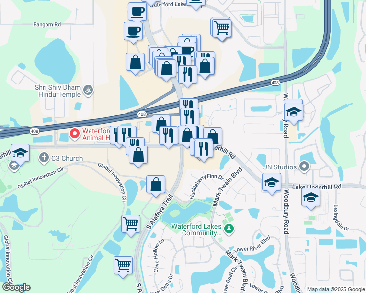 map of restaurants, bars, coffee shops, grocery stores, and more near 1 South Alafaya Trail in Orlando