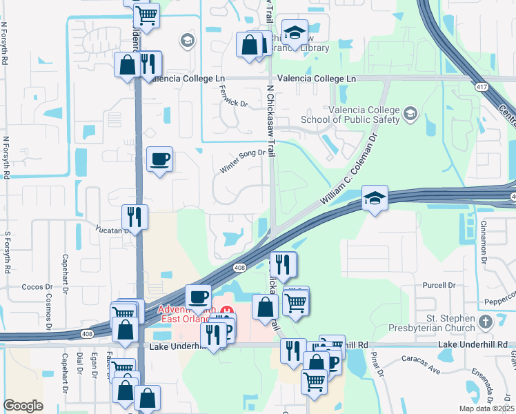 map of restaurants, bars, coffee shops, grocery stores, and more near 306 Blue Jacket Lane in Orlando
