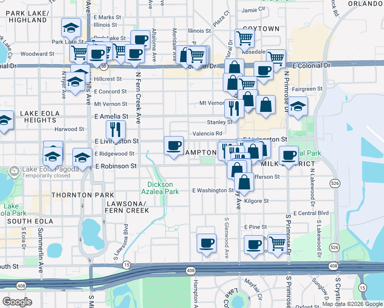 map of restaurants, bars, coffee shops, grocery stores, and more near 316 North Forest Avenue in Orlando