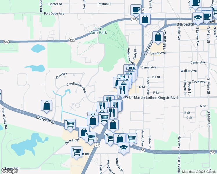 map of restaurants, bars, coffee shops, grocery stores, and more near 1114 Chatman Boulevard in Brooksville